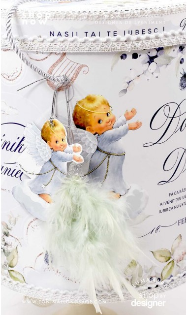 Trusou botez cu ingeri si flori de bumbac personalizat pentru baieti Ingerul Albastru 1